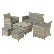 MEGARA Set mobilier terasă/grădină, 2 fotolii, canapea 2 locuri, 2 taburete și măsuță